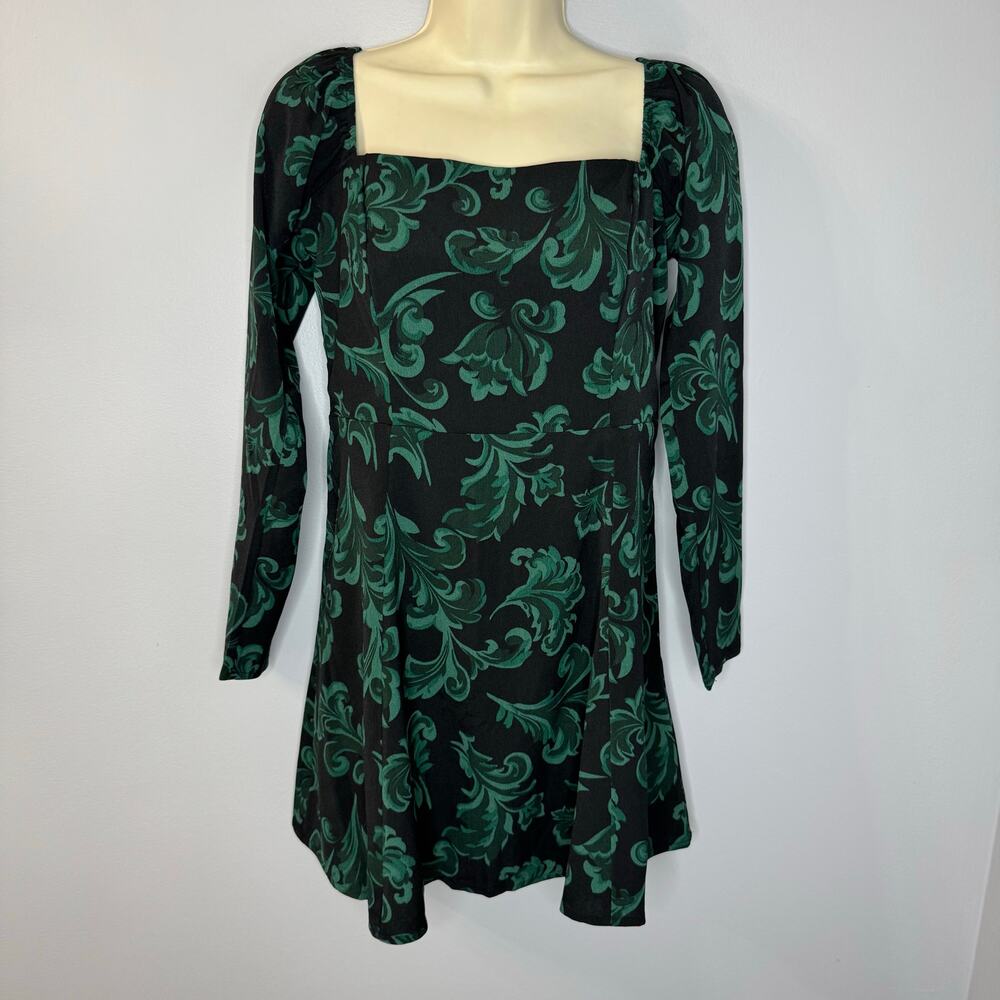 Abercrombie & Fitch Long-Sleeve Squareneck Mini Dress Green Floral Sz MP - Picture 1 of 10